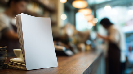 white menu mockup standing near cashier counter in casual restaurant