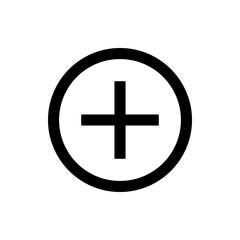 A simple black and white illustration of a plus sign centered within a circular border element design