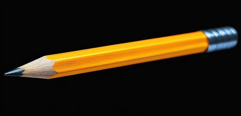 Close-up of a sharpened yellow pencil with a silver eraser ferrule against a black background
