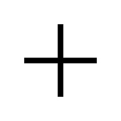 Illustration of a simple black plus sign with horizontal and vertical bars centered on a white background
