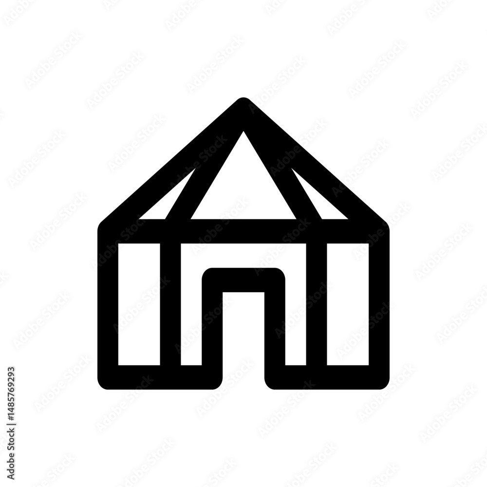 Poster illustration of a simple black outline of a tent structure with a triangular roof and rectangular en