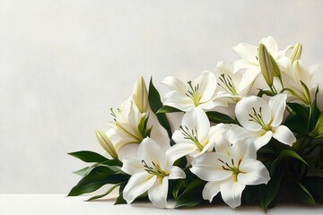 A beautiful arrangement of white lilies with green leaves against a soft, neutral background, evoking purity and serenity
