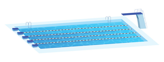 Illustration of a sports pool equipped with marked lanes and a diving board. The pool is depicted on a minimalist white background, highlighting its features.