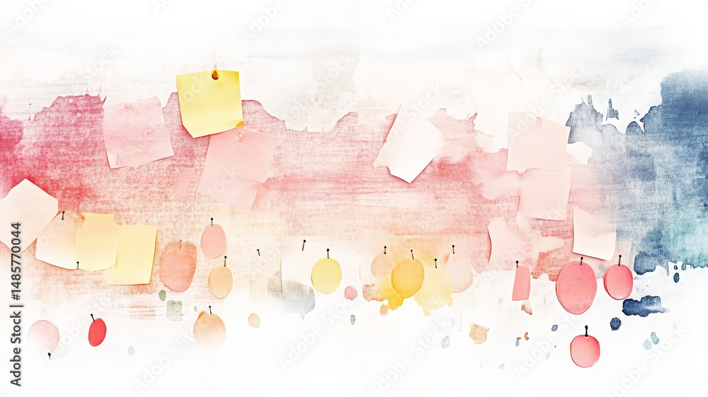 Poster colorful abstract background featuring sticky notes and circular paper pieces, creating vibrant