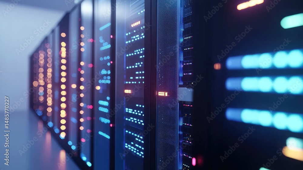 Aufkleber dimly lit server room with vibrant led indicators in blue, pink, and orange tones. great for use in 