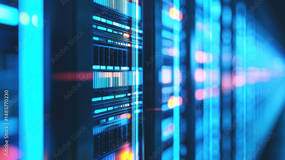Aufkleber blue illuminated servers with red and pink reflections in a data center, highlighting digital connec