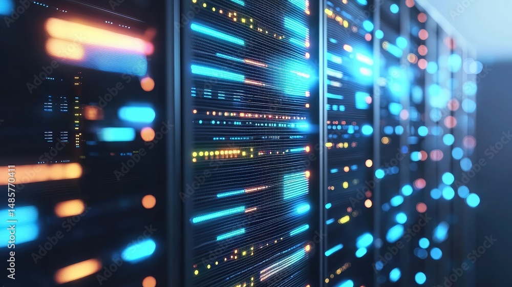 Poster Colorful glowing server racks in a high-tech data center with abstract bokeh lighting. Perfect for cloud solutions, IT architecture, cybersecurity visuals, and network infrastructure content