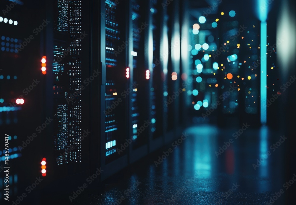 Aufkleber High-tech server room interior with glowing indicators and bokeh lights, conveying secure cloud infrastructure. Great for IT services, cybersecurity solutions, and digital network platforms