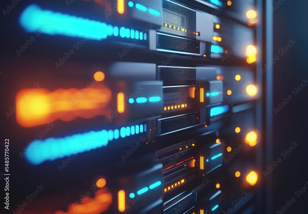 Poster Close-up of glowing orange and blue server units in a modern data center environment. Ideal for illustrating cloud computing, IT infrastructure, cybersecurity, and technology-driven services