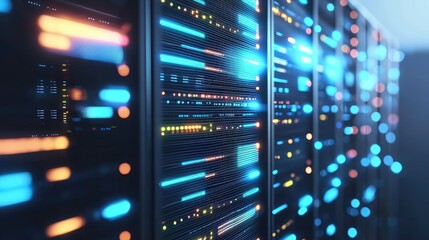 Colorful glowing server racks in a high-tech data center with abstract bokeh lighting. Perfect for cloud solutions, IT architecture, cybersecurity visuals, and network infrastructure content
