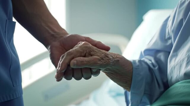 Caring Hand Gently Supporting Senior Patient Emphasizing Comfort and Hope in a Light Blue Hospital Setting