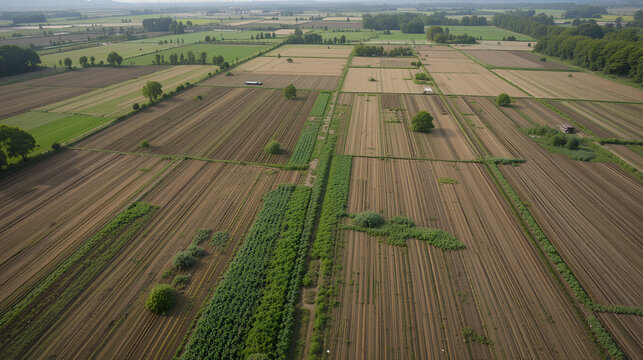 Aerial view of intercropping practices enhancing soil health in farmlands