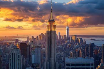Naklejka premium Sunset cityscape featuring a tall illuminated skyscraper with golden light reflecting off its upper floors surrounded by numerous other high-rise buildings and a dramatic cloudy sky over the water