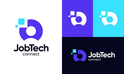 Job tech logo design. Technology human concept vector design with digital pixel symbol graphic icon