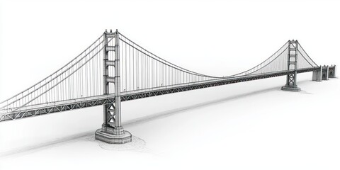 detailed sketch of a large suspension bridge with tall towers and supporting cables stretching across a body of water