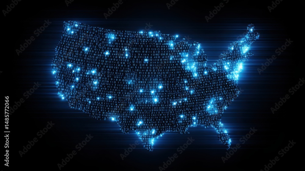 Poster united states map embedded with binary code representing gdp pulse and digital economy metrics for a