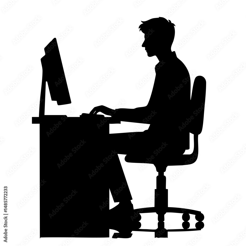 Poster silhouette of a man working on a computer while sitting at a desk