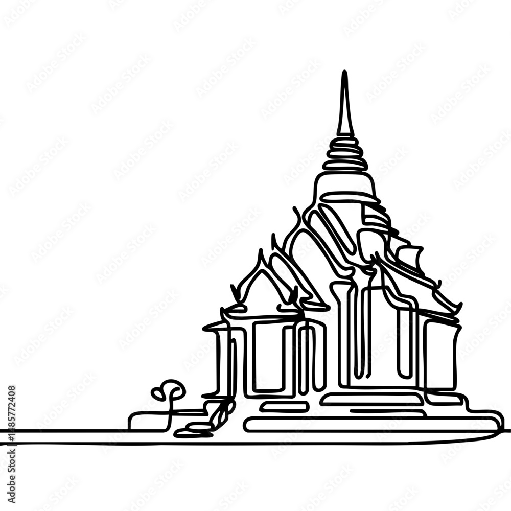 Poster minimalist outline of a temple with spire and surrounding elements