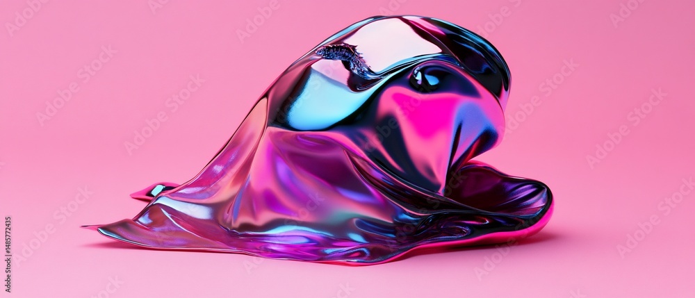 Poster iridescent fabric over an object on a pink backdrop, shiny and abstract