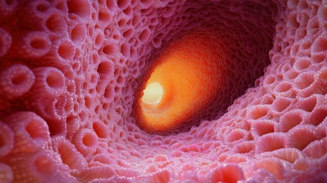View inside a biologically textured tunnel with pink and red cellular structures leading to a bright light at the end, evoking curiosity and depth