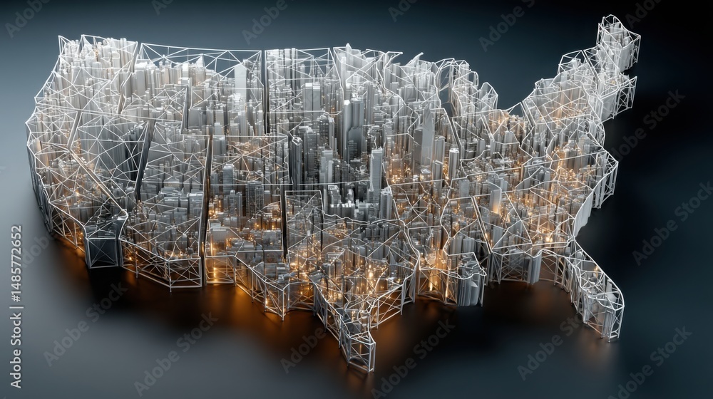 Poster wireframe map representation of the united states for digital job creation simulation and economic a