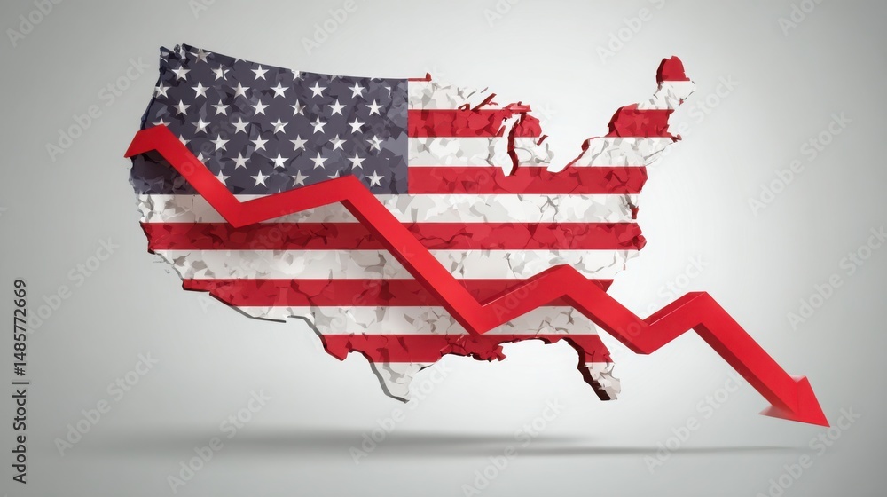 Poster map of the united states featuring a red upward arrow and flag for digital recession prediction anal