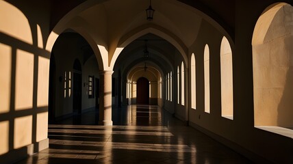 An arched hallway with geometric shadows 