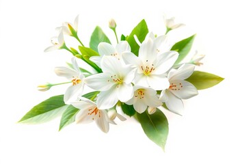 Fototapeta premium Delicate watercolor white floral bouquet with green leaves, isolated, texture, flowers