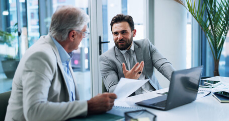 Business men, strategy and team discussion in office, planning or brainstorming insurance stats...