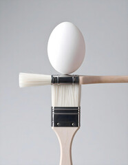 A pristine white egg delicately balances on the bristles of two perpendicularly placed paintbrushes against a soft gray background, creating a study in equilibrium
