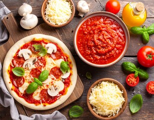 Homemade Pizza Preparation with Fresh Ingredients on Rustic Table.