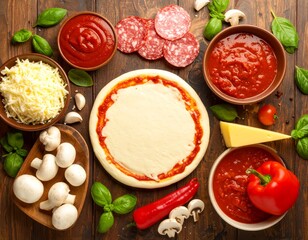 Homemade Pizza Preparation with Fresh Ingredients on Rustic Table.