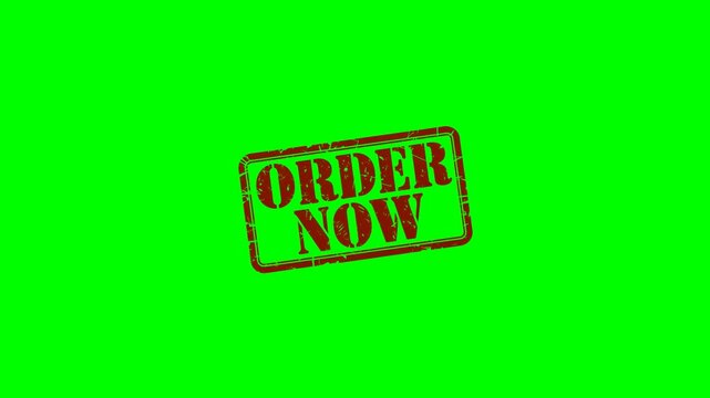 Animated "Order Now" rubber stamp seal with bold red text on a green screen chroma key background for promotional videos, product advertisements, e-commerce content, and call-to-action marketing mater