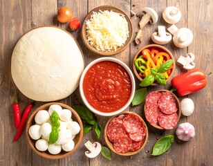 Homemade Pizza Preparation with Fresh Ingredients on Rustic Table.