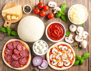 Homemade Pizza Preparation with Fresh Ingredients on Rustic Table.