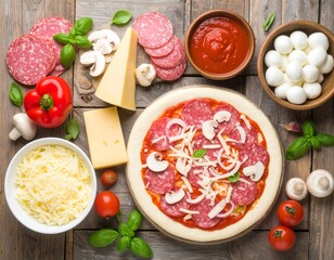 Homemade Pizza Preparation with Fresh Ingredients on Rustic Table.