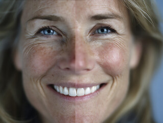 close-up beauty/anti-aging comparison photograph of a woman's face shot directly