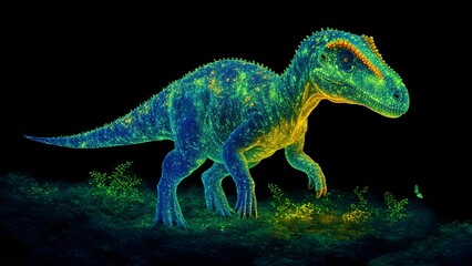 An intriguing image of a dinosaur with glowing green and blue markings walking through a dark and lush jungle environment.