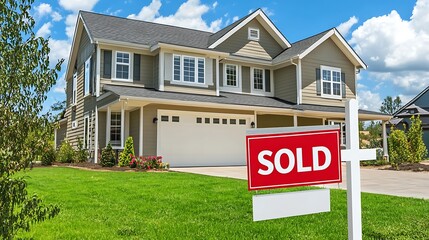 Sold sign in front of a beautiful house.