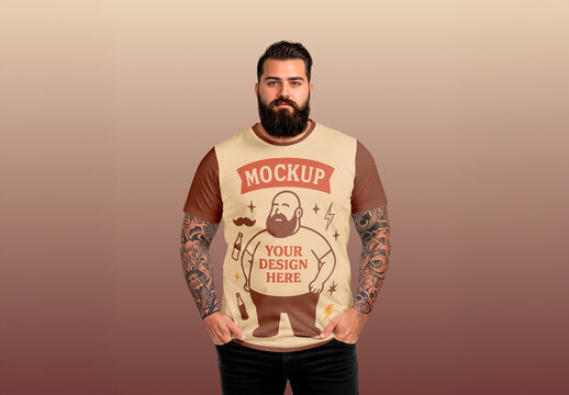 Fat Bearded Man Wearing T-shirt Mockup