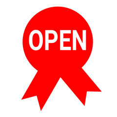 Open Sign Red Ribbon Badge, Available, Accessible, Public, Welcoming, Openness Concept