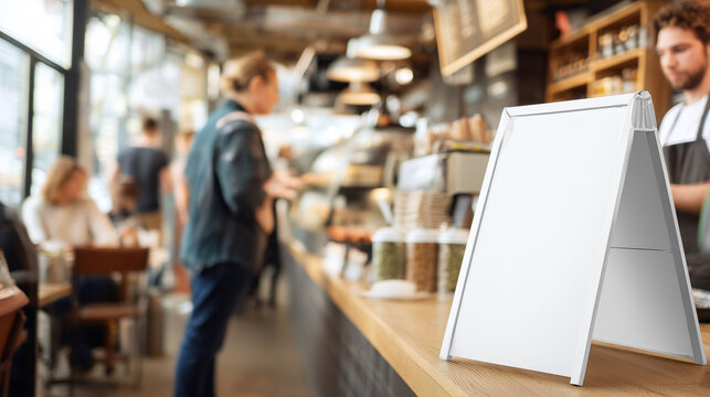 white menu mockup standing near cashier counter in casual restaurant