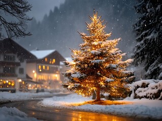 Fototapeta premium Glistening Christmas tree in snowy village square