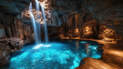 Naklejka premium Waterfall cascading into a cavern pool