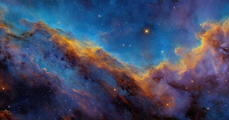 Fototapeta premium Cosmic Nebulae, swirling hues of space. Vast expanse of glowing clouds of gas and dust. Stars scattered across the canvas