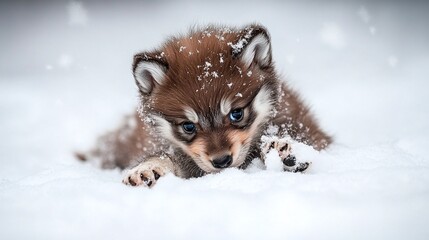 Obraz premium Adorable snow-covered puppy playing in the winter.