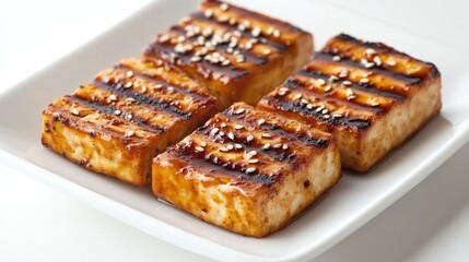 Four grilled tofu squares on a white plate, glazed and seasoned with sesame seeds
