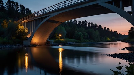 Naklejka premium A modern bridge crossing a quiet river at dusk 