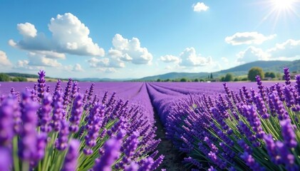 Tranquil lavender field under a summer sky Purple flowers, idyllic landscape , vibrant, rural