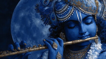 Obraz premium Serene Krishna Moonlight Flute Melody.